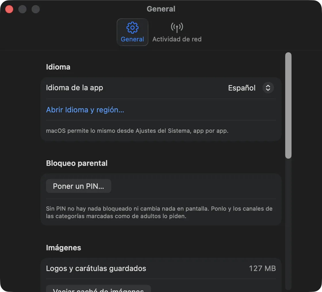 Preferencias de Yagi: idioma de la app, bloqueo parental con PIN y caché de imágenes