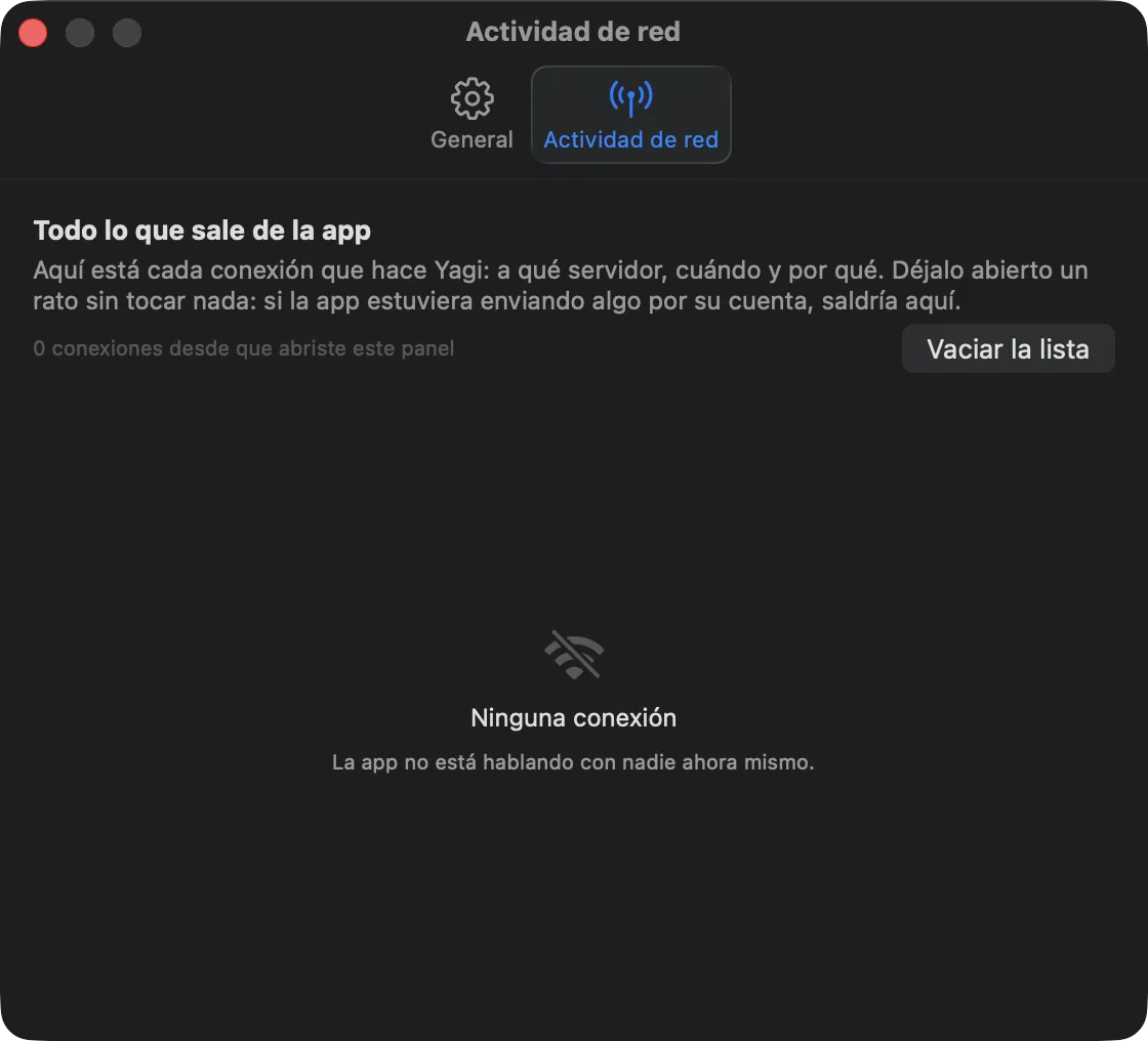 El panel de actividad de red de Yagi, en Preferencias, sin ninguna conexión abierta